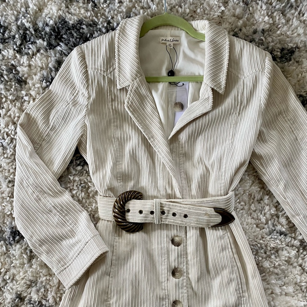 *For Love & Lemons*, Cream Corduroy button front mini dress with belt
